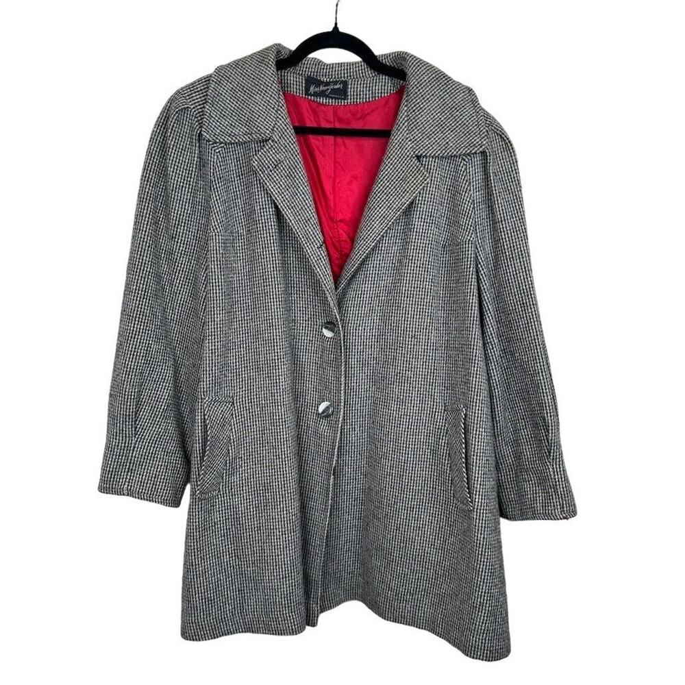 Miss New York Women's L Black Herringbone‎ Tweed Wool Blend Overcoat
